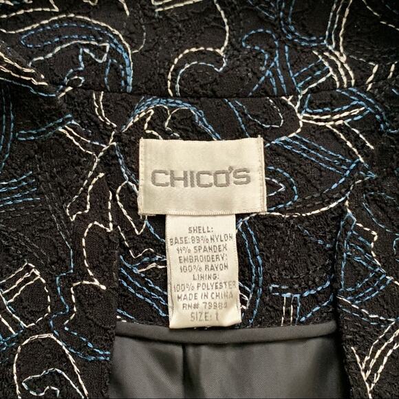 Chico’s Jacket Black Embroidered 3/4 Sleeve Open Front Jacket Blazer Size Medium - Picture 2 of 11